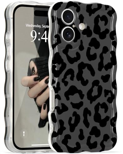 LAPOPNUT For iPhone 16 Case,Animal Print Curly Wave Frame Soft TPU Case for Women Girls,Shockproof Protection Cool Leopard Pattern Phone Cover for Apple iPhone 16 6.1,Black