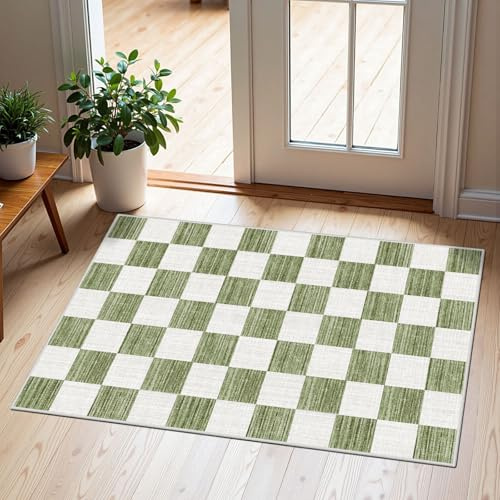 Othilic Front Door Mat Outside Entrance - 2x3 Green White Non-Slip Washable Doormat Indoor Outdoor Mat Entry Rug Geometric Checkered Small Layered Area Rug for Entryway Kitchen Front Porch Decor