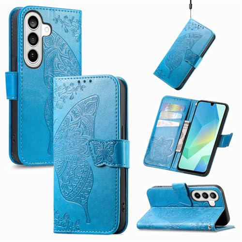 JIUNINE Fodralbok för Samsung Galaxy S26, Fodral av syntetiskt läder med 3D-relief med fjärilar, Magnetspänne, 3 kortfickor, 360°-skydd, fällbart stativ, Blå
