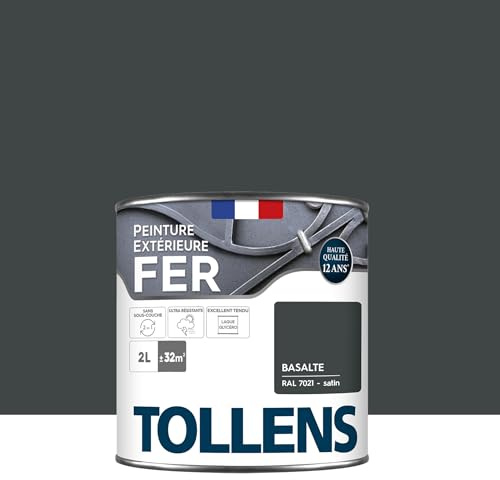 Tollens - Peinture extérieure fer 2 en 1 - Ultra Résistante - Protection antirouille - Laque Riche en Résine - Sans Sous-Couche - Entretien Facile - Brillant - Basalte RAL 7021-2L = 32m2