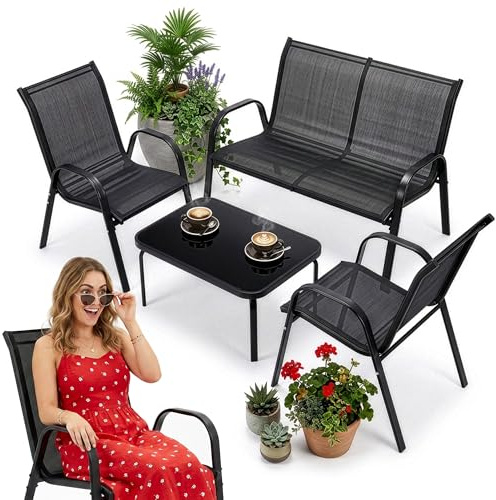 Campela Gartenmöbel Set 4 Personen mit stabilem Metallrahmen, atmungsaktivem Textilene, 2er Sofa, 2 Sesseln und Glastisch, wetterfestes Balkonmöbel Set für Garten, Terrasse und Balkon, schwarz