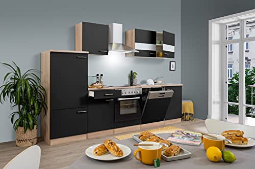respekta Küchenzeile Merle KB280ESSC Schwarz 280 cm Breite mit Elektrogeräten