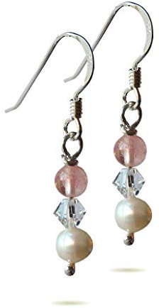 Silver Rose Quartz Pearl Crystal Beads Drop 925 Sterling Earrings Handmade - Gift Wrapped - Lesley H Phillips