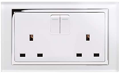 Retrotouch Crystal 13A 2-Gang DP Switched Plug Socket White Glass with Chrome Trim, w8 x h86 x d146 mm