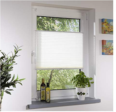 Liedeco® Plissee verspannt mit Klemmträger / 50 x 130 cm weiß (Breite x Höhe) / lichtdurchlässig Blickdicht und stufenlos verstellbar/leichte Innen-Montage ohne Bohren / 123 montiert