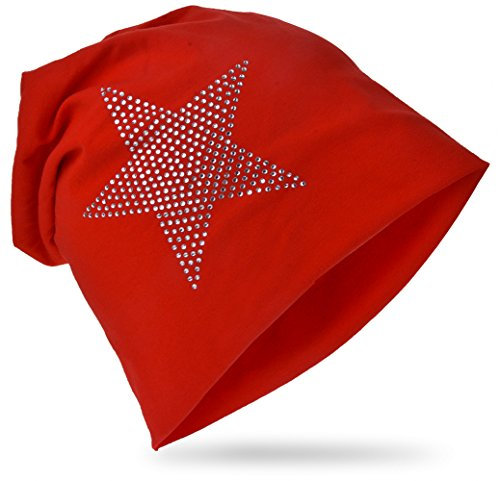 Miobo Kinder Slouch Beanie Mütze,Baumwolle,Strass Stern Rot 48