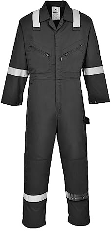Portwest F813 Iona Coverall Two Back Patch Pockets Concealed Zip Opening | Black, 2X Large, UPF 40+, EN 17353 Type B2, Regular Fit, Reflective Tape, Hammer Loop, Radio Loops, Boiler Suit, Workwear