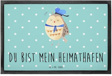 Mr. & Mrs. Panda 60 x 90 cm Fußmatte Eule Matrose - Geschenk, Fußabtreter, Wortspiel lustig, Eule Deko, Kapitän, Sauberlaufmatte, Schmutzfänger,