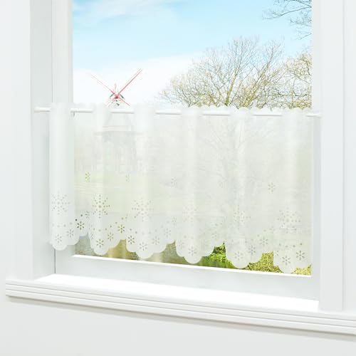 HongYa Weiße Scheibengardine Kurzstore Halbtransparente Küche Gardine mit Blumen Muster Lasercut H/B 30/120cm