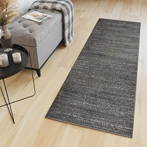 TAPISO Sari Teppich Läufer Flur Schwarz Meterware Kurzflor Küche Wohnzimmer Schlafzimmer Küchenläufer Korridor Brücke nach Maß ÖKOTEX 100 x 380 cm