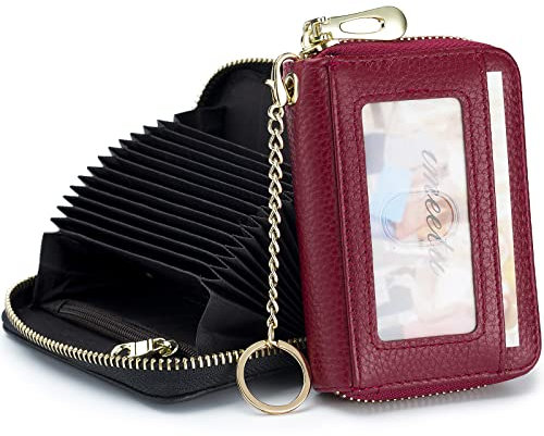 imeetu Card Holder for Women RFID Card Holder Wallet Slim Leather Cardholder Damen with 12 Card Slots, 2 Wide Cash Slots, Keyring & ID Window (Small,Rot)