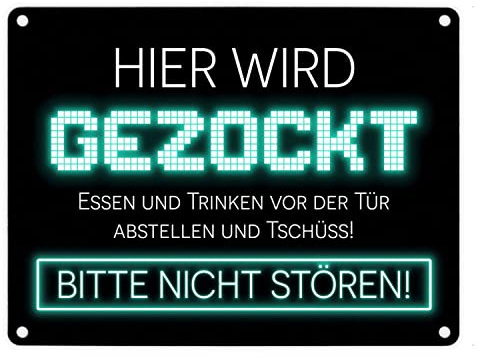 Hier wird gezockt Metallschild in 15x20 cm für Gamer in türkis lustige Geschenkidee für Jungen und Mädchen die Computerspiele lieben und am liebsten den ganzen Tag zocken würden