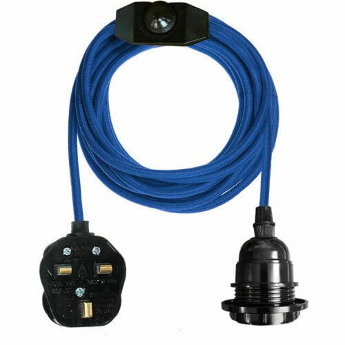 Vintage Plug in Pendant Light Kit with Fabric Flex Cable | 2m Hanging Light Fitting with E27 Bulb Socket and Plug with Switch Ideal for Home, Studio, Office Decorative Lighting (Blue)