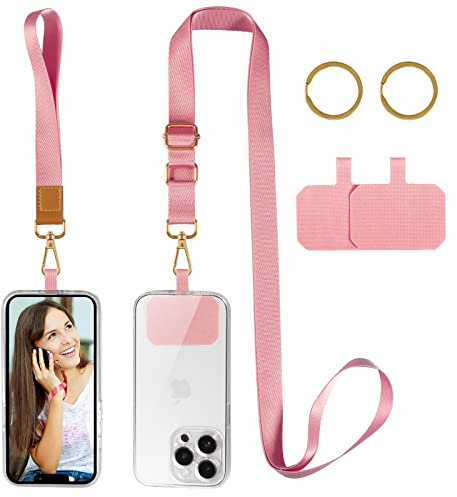 DGHYDZ Cell Phone Lanyard, Universal Crossbody Lanyards Adjustable Shoulder Neck Strap with wrist lanyard, 2 Key Rings, 2 Phone Tether Pads Compatible Most Smartphones (Pink)