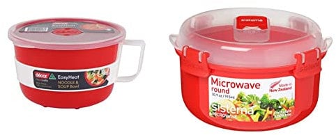 Décor Microsafe EasyHeat Bowl | Microwave Bowl Perfect for Noodles & Soup | 1.15L Capacity - Red and Sistema Microwave Round Bowl - Microwave Food Container - 915 ml - BPA-Free - Red/Clear