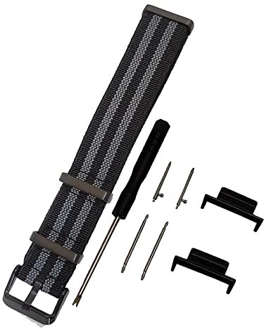 [RichieStrep] 22mm Nylon One Piece Watch Band Military Style Parachute Premium Striped Elastic Watch Strap Metal Adapters Kit for Casio GA2100 (Black (Gray line))