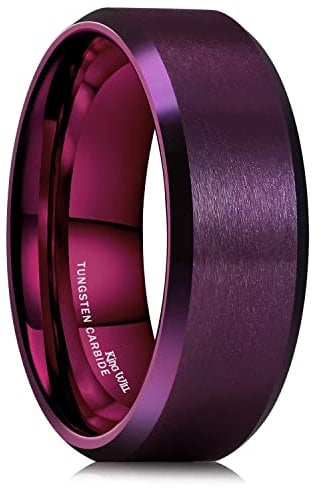 King Will 8mm Purple Mens Tungsten Wedding Rings Matte Brushed Surface Wedding Band Beveled Edge Comfort Fit 9.5