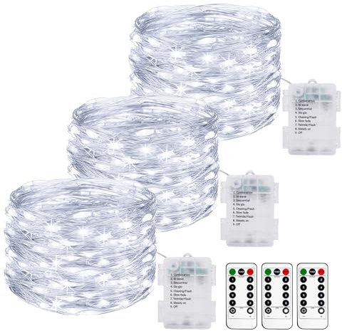 3 Pack Battery Powered Fairy Lights with Remote and Timer, 10M 100LED String Lights Battery 8 Modes IP65 Waterproof Outdoor Indoor Copper Wire Twinkle Lights for Bedroom Christmas Decor-Cool White