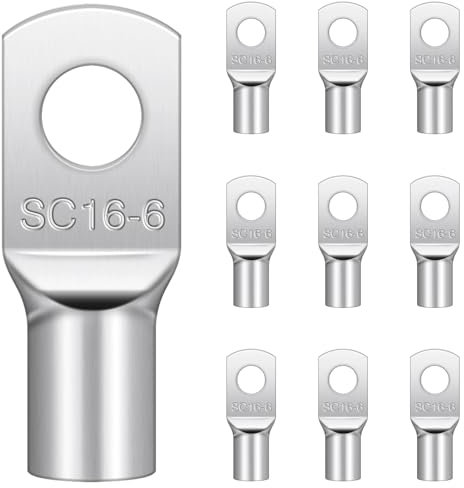 Hanibos - Terminales de cable tubular M6, 10 unidades, 16 mm², sin aislamiento, terminales de cable de cobre para cables de batería, cajas de distribución para coche