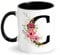 Initiale Tasse Personnalisé Alphabet Tasse avec Motif Fleurs Tasse avec Lettre Tasse en Céramique Noire Cadeau Original Mug Cadeau pour Femme, Maman, Amie pour Anniversaire, Fête des Mères (C)