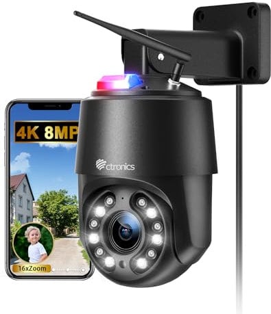 ctronics 4K 8MP 16X Optischer Zoom Überwachungskamera Aussen mit Auto Cruise/Tracking/Zoom,2,4/5GHz PTZ WLAN Kamera Outdoor mit Personen/Fahrzeug/Tiererkennung,60M Farb-Nachtsicht,Cloud/TF,IP66