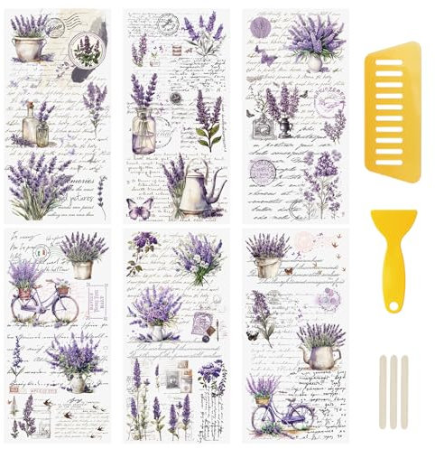 WANDIC 6 Bogen Rub on Transfer Stickers, Violette Blumen Aufkleber Wand mit Vintage Muster, Wasserdicht, Handarbeiten, Möbel, DIY Kunsthandwerk, Dekorieren für Fotoalbum und Scrapbook, 15 x 30 cm