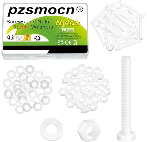 Pzsmocn 90 Stück/30 Sätze M6*50 mm Weißes Nylon Kunststoff Äußeres Sechseck Schrauben-Muttern-Kombinationsset mit Isolierscheibe, Standardgröße für Heimwerker und Elektronische Montage.