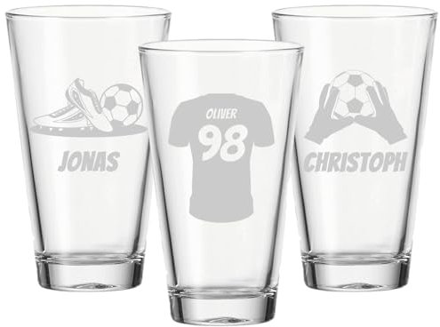 LUXENTU Trinkgläser mit Gravur 3er Set, 300 ml, Personalisierte Wassergläser und Kindergläser mit Fußball-Motiven, Fußball & Schuhe | Trikot | Torwarthandschuhe, Spülmaschinenfest