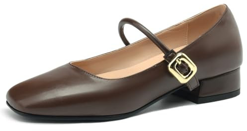 MJIASIAWA Womens Square Toe Classic Mary Jane Pumps Comfort Ankle Strap Low Mid Block Heels Party Ballet Dance Shoes Brown Size 6 UK/40 Asian