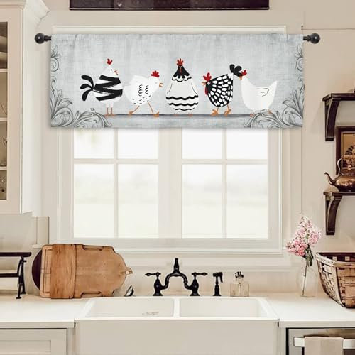 Miyotaa Küchengardine mit Hahn-Huhn, Querbehang, 137 x 45 cm (B x H), Stangentasche, Vintage-Bauernhaus, rustikal, Retro, Bauernhof, ländlich, Fensterbehandlung für Wohnzimmer, Schlafzimmer,