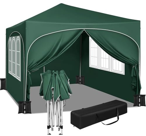 WOLTU Pavillon mit 4 Seitenteilen 4 Sandsäcke, Faltpavillon mit Halbmonddach Tragetasche, Gartenpavillon wasserfest stabil UV-Schutz, Partyzelt Outdoor höhenverstellbar, Grün