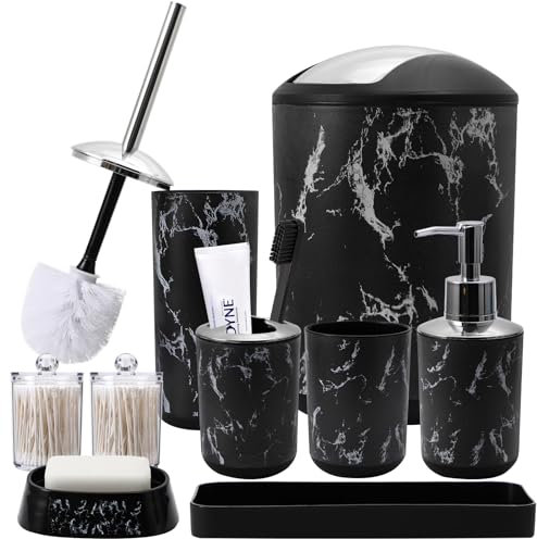 Ensemble d'accessoires de salle de bain en marbre noir avec poubelle, plateau de coiffeuse, distributeur de savon, porte-savon, porte-brosse à dents, brosse à dents, brosse de toilette et supports
