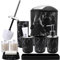 Ensemble d'accessoires de salle de bain en marbre noir avec poubelle, plateau de coiffeuse, distributeur de savon, porte-savon, porte-brosse à dents, brosse à dents, brosse de toilette et supports