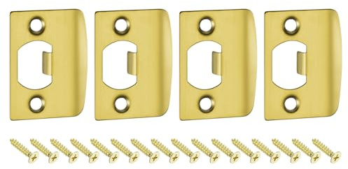 QUARKZMAN Placa de Golpe de Puerta de Seguridad 57x45mm Dorado 4pcs | Placa de Cierre con Kit de M4 Tornillos en Forma D Angulo Recto de Acero Inoxidable para Refuerzo de Marco de Puerta