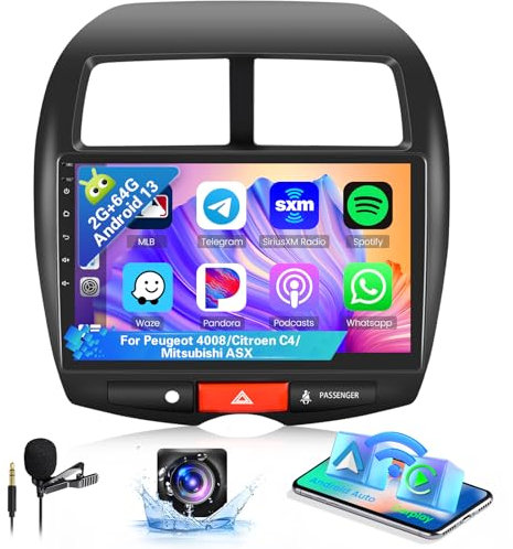 Hikity 8 Core 2G+64G Android 15 Radio para Mitsubishi ASX 1/Peugeot 4008/Citroen C4, 10.1 Pulgadas Pantalla Táctil Carplay Inalámbrico Android Auto con GPS Bluetooth EQ DSP FM RDS WiFi Cámara Trasera