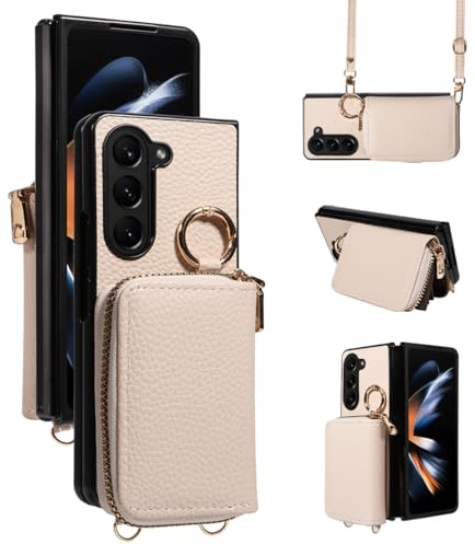 YDIJCYAN für Samsung Z Fold 6 Hülle, Case Leder Klapphülle Case Reißverschluss Stoßfest Schutzhülle Handy Hülle mit Kette Handyhülle für Samsung Z Fold 6 (Off White)