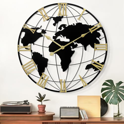 LEIKE Large Wall Clock 20IN, World Map Modern Style Wall Clocks, Big Clock for Wall Living Room Decor, Office Wall Decor, Silent Non-Ticking for Bedroom, Kitchen, School
