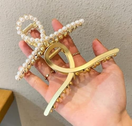 Haarklammern für Damen mit Perlen, matt, Perlgold, groß, mit Perlen, rutschfest, dickes Haar, glänzende, starke Krabbenkrallen, Kreuz-Haarspangen, 2 Stück