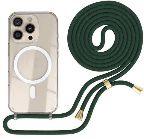 EAZY CASE - Handykette kompatibel mit iPhone 16 Pro Kette zum Umhängen Stoßfest Handyhülle für Apple iPhone 16 Pro Silikon Hülle mit Band Handytasche Transparent als Fallschutz in Grün