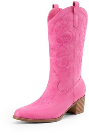 DREAM PAIRS Stivali da cowboy da donna, stivali da cowgirl con punta quadrata ricamati, stivali da cowgirl alla moda da donna con tacco grosso a metà polpaccio, Nabuk rosa, 37 EU