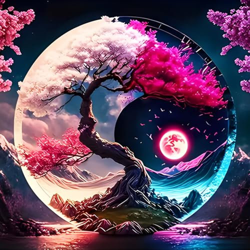 GDYEEH 5D Yin et Yang Peinture Diamant Painting Kit, DIY Tai Chi Art du Diamant Complet Kits, Arbre de Vie Diamond Art Strass Point de Croix Painting pour Adultes Débutants Maison Décor 30X30cm