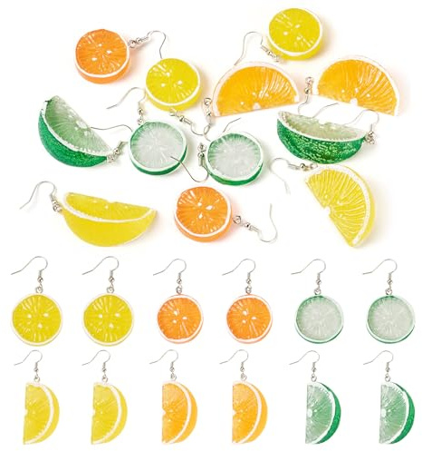Sparkeads 6 Paar 3D-Obst-Ohrringe für Damen, Orange, Zitrone, Limette, baumelnde Ohrringe, Nachahmung, Lebensmittelharz, Schmuck für Mode, Handwerk, Geburtstag, Party-Zubehör, Metall Harz, Kein