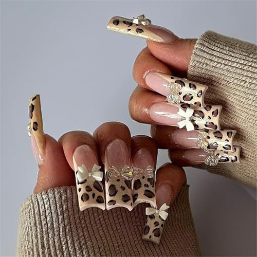 24 Pcs 3D Bows Artificial Nails French Tip Press On Nails Long Square Stick On Nails Leopards Print False Nails