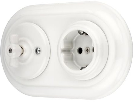 Unterputz Porzellan Retro Steckdose, Rotary Schalter, 2-fach, All-in-One, SET Serie PR1 weiß