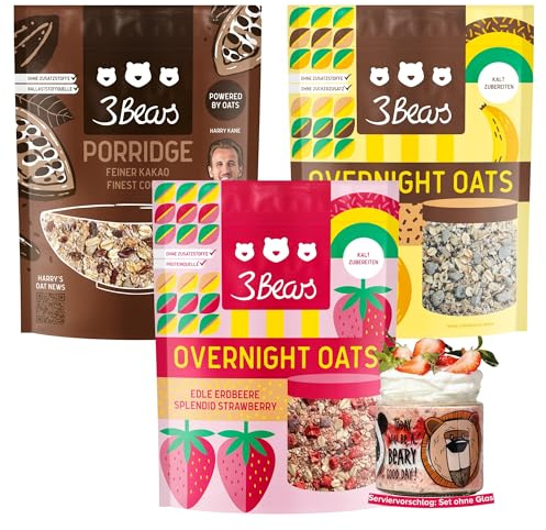 3Bears Frühstück-Set 3x400g - Porridge & Overnight Oats - 3 Sorten cremig & kernig: Edle Erdbeere, Bananen Split & Feiner Kakao - ohne Industriezucker, bekannt aus dem TV