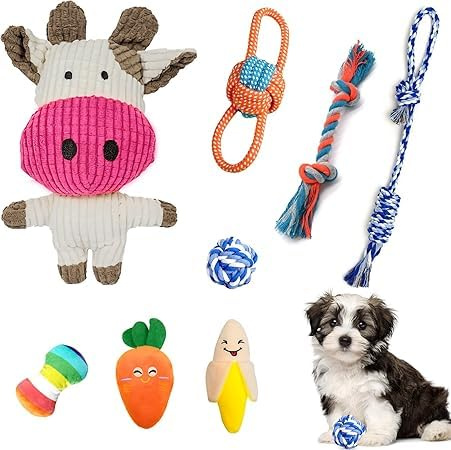 ZMDMAH Lot de 8 Jouets pour Chiens Jouets pour Chiot avec Peluche Corde Balle et Sifflet Jouet à Mâcher et Jeux Interactifs pour Petit Chien et Chiot
