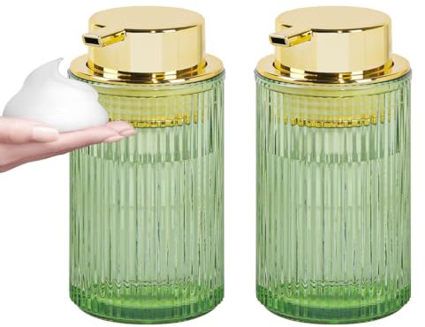 Tonxus Green Foaming Soap Dispenser, 12 Oz Glass Foaming Hand Soap Dispenser with Gold Pump, Bathroom Refillable Liquid Lotion Container Pump Ribbed Bottle for Kitchen Bathroom Decor, 2pc