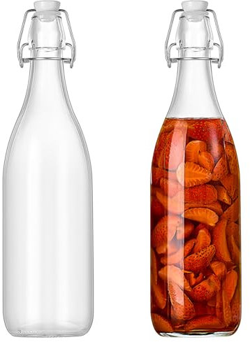 Paquete de 2 botellas de vidrio con tapa abatible, botellas de tapa abatible seguras a presión, botella de cerveza con tapa abatible para fermentación, vinagre (redonda, 1000 ml)