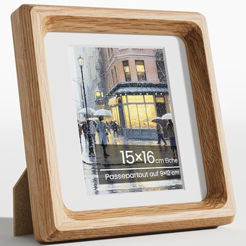 Feihorrm Bilderrahmen 15x16, Natur Eiche Holz Fotorahmen mit Glas | Handgefertigte Abgerundete Ecke 15x16 cm Holzrahmen Mattiert auf 9x12 cm Fotos, Wand oder Tischplatte Anzeige