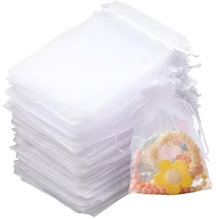 100 sachet organza 10x15, petits sacs à remplir, pochette cadeau avec cordon, blanc, parfaits pour pochon bijoux, bonbons, mariages, anniversaires et fêtes